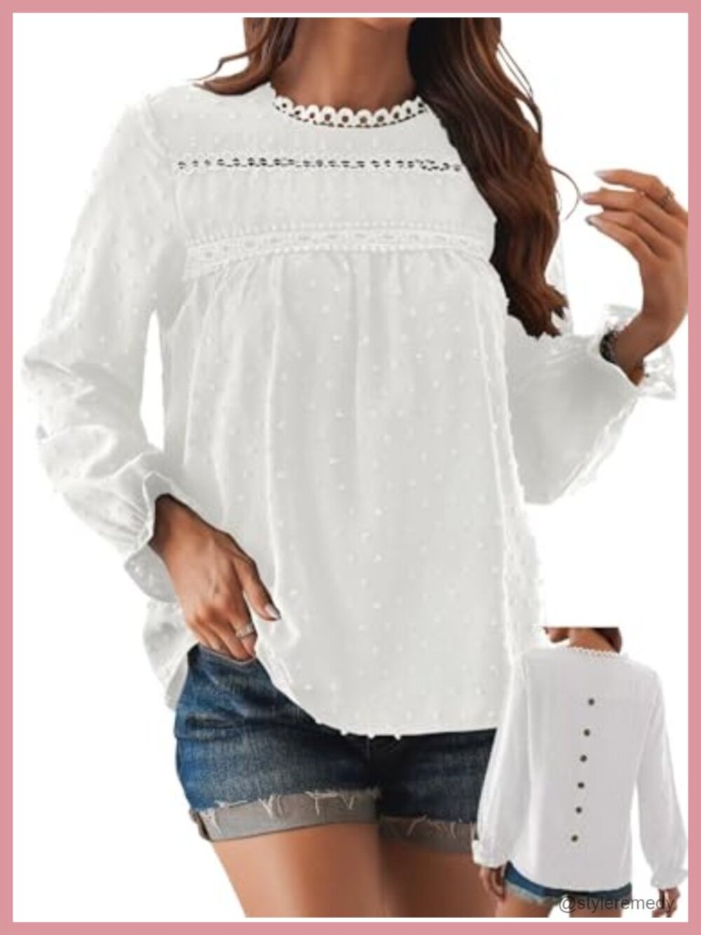 Womens Boho Ruffle Long Sleeve Swiss Dot Blouse Crewneck Top